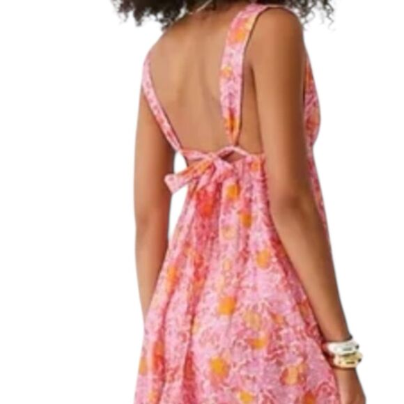 J Crew Dress WMNS M Pink Floral Plunge Cover up Limone Lightweight Open Back NEW - Picture 6 of 11